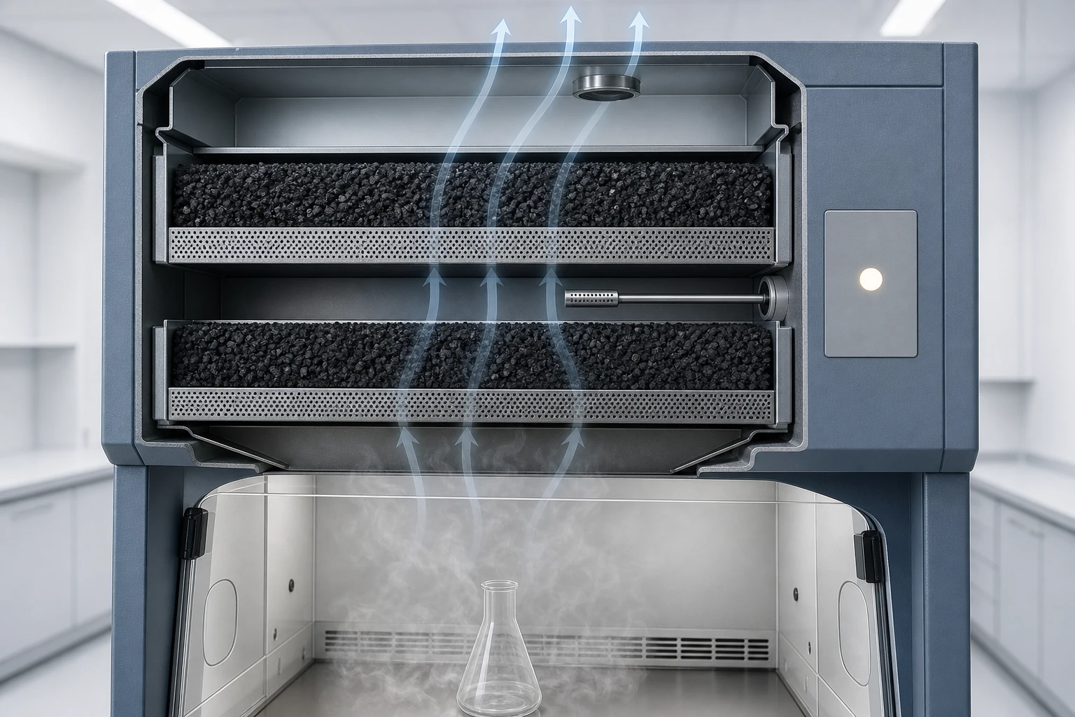Breakthrough detection layers in a ductless fume hood filter section