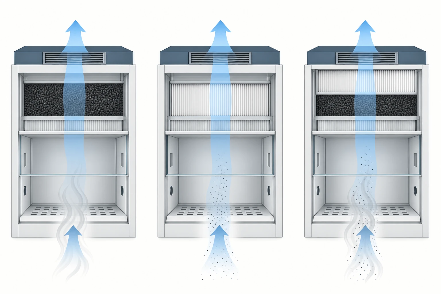 Three ductless hood sections in series: vapor drawn through a granular carbon bed, particles through a pleated medium, and both hazard forms through a two-stage stack.