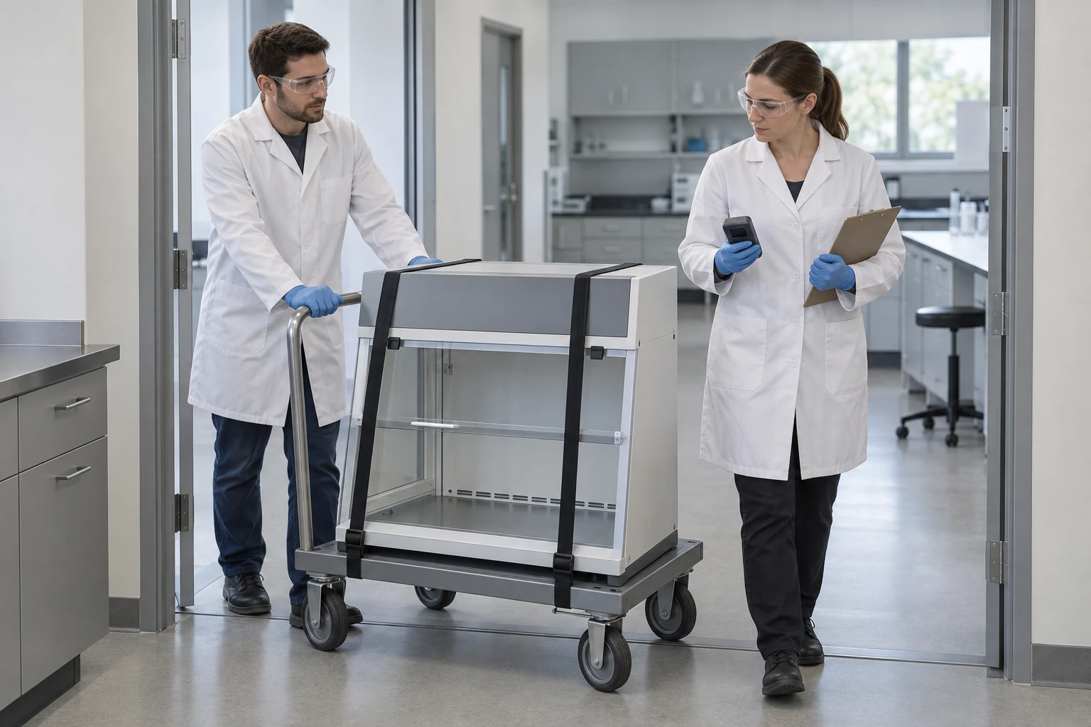 Two laboratory technicians in lab coats and safety glasses moving a benchtop ductless fume hood on a wheeled cart through a doorway between two laboratory rooms, one carrying a handheld measuring instrument, illustrating that relocation triggers retesting.