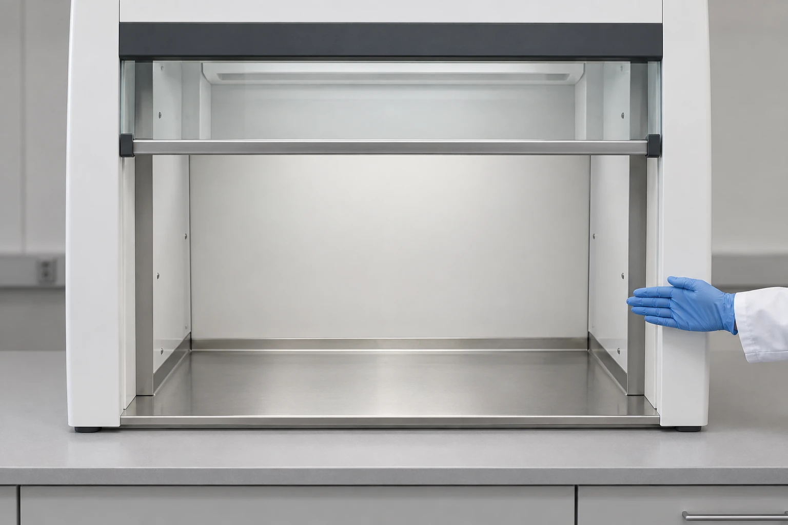 Front view of a benchtop ductless fume hood with the sash raised, showing recessed inner side panels that make the usable working opening narrower than the cabinet's overall width, with a gloved hand indicating the inner edge.