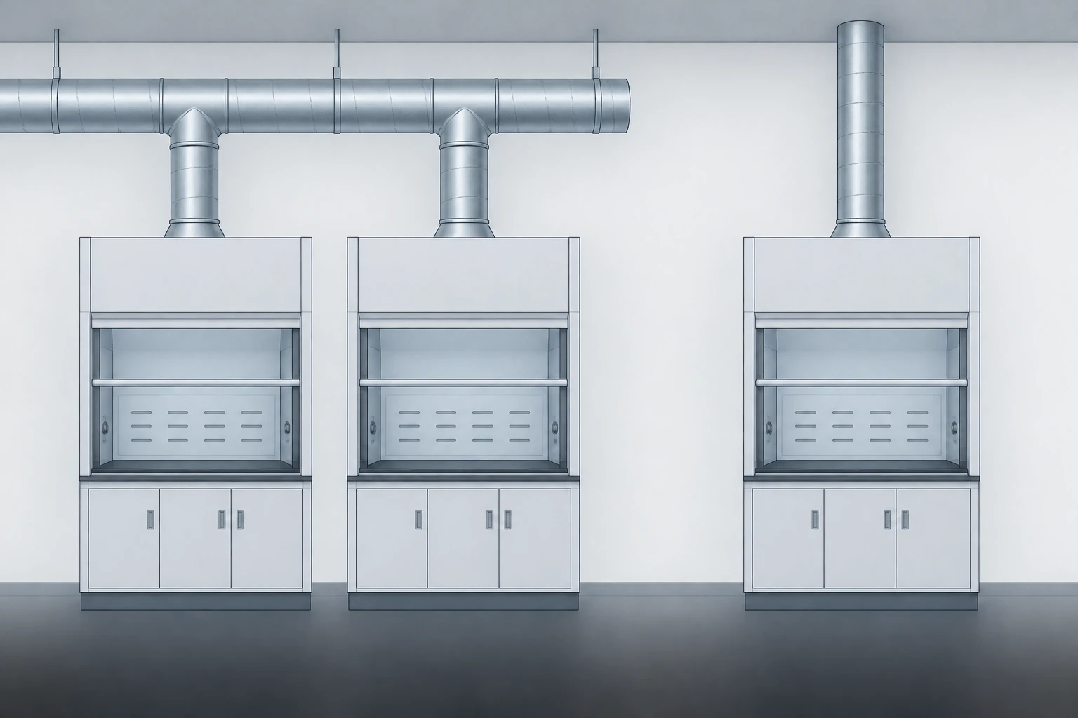Lab exhaust layout comparing two hoods on a shared manifold with one hood on its own dedicated duct