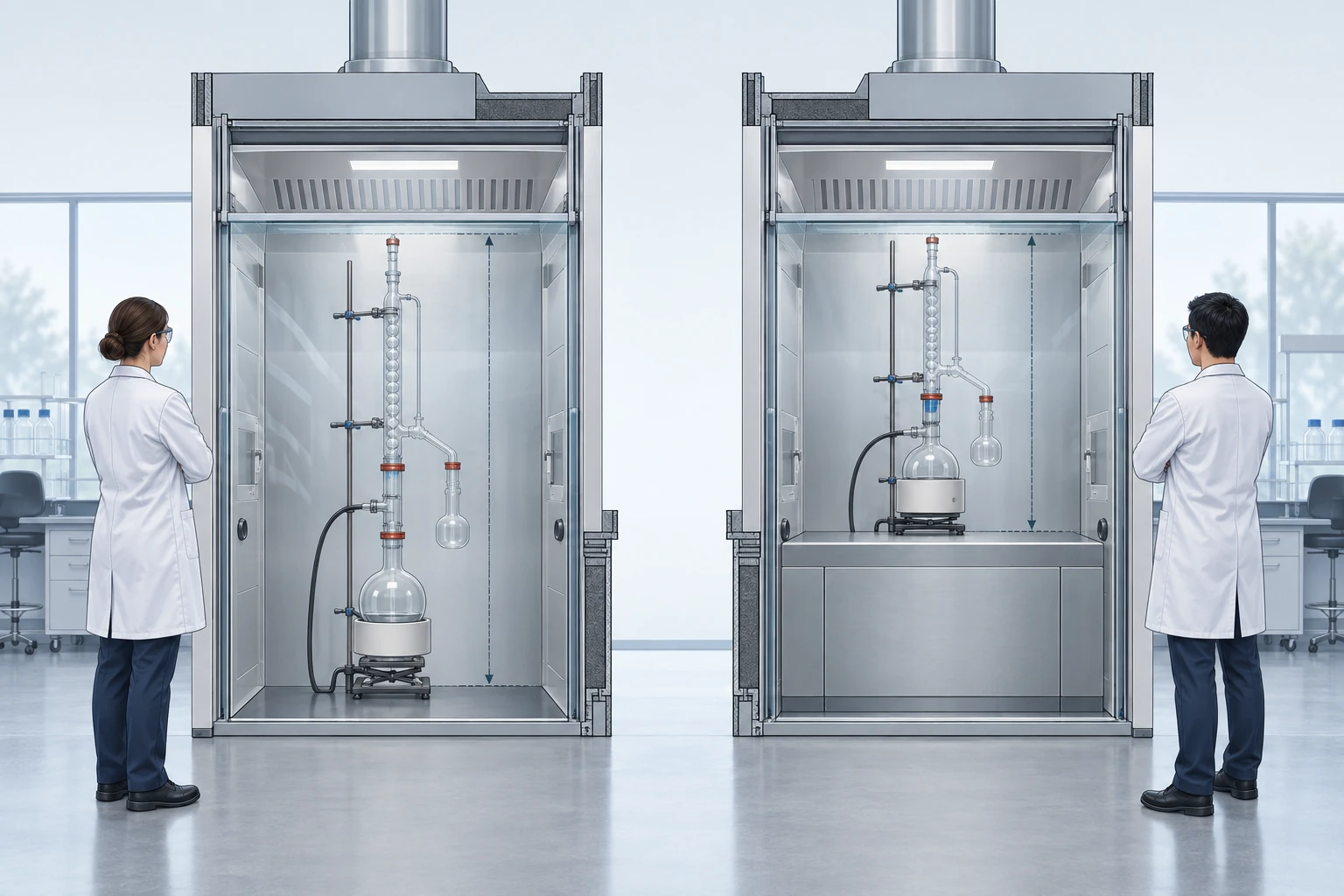 Side-by-side cutaway comparison of two laboratory fume hoods with the same exterior height: one with no bench surface so tall apparatus stands on the floor, the other with a raised work surface