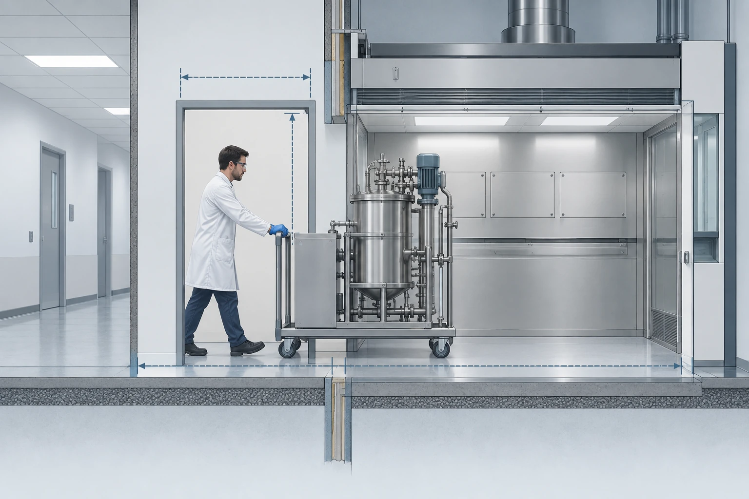 Architectural side section showing a flush floor running unbroken from the corridor through a wall opening into a floor-mounted fume hood, with equipment on a wheeled cart guided in by a technician standing outside