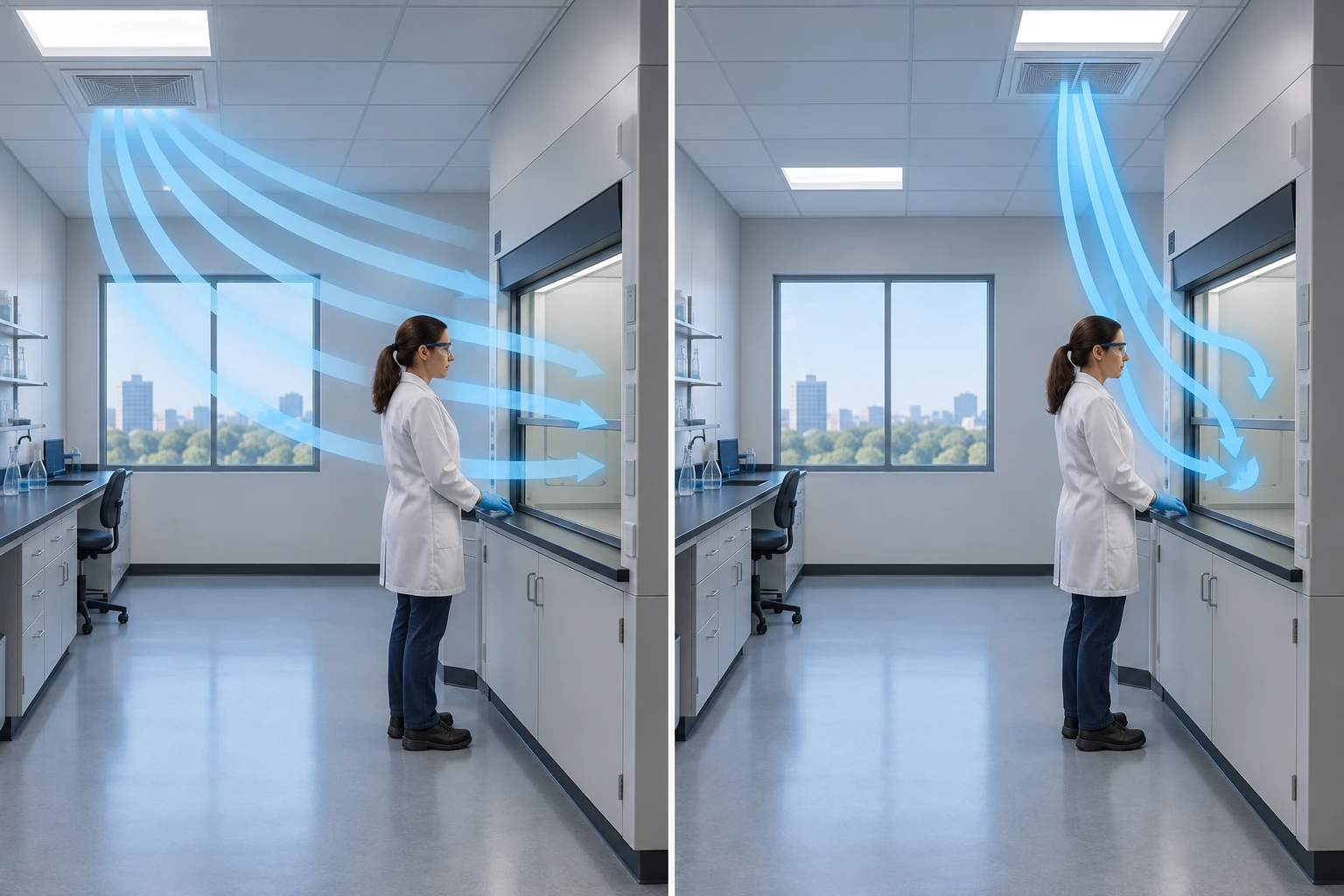 Side-by-side room sections comparing supply air introduced at the opposite end of the lab at low velocity, which sweeps the breathing zone before reaching the hood, with a diffuser placed close to the hood that forms a jet against the face and short-circuits into the exhaust
