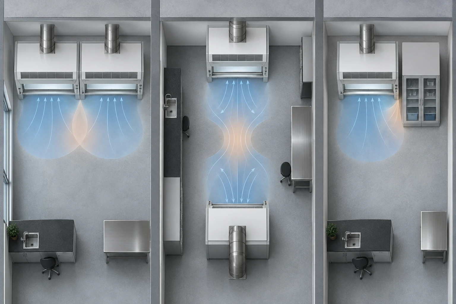 Plan view of three fume hood placement situations: two hoods side by side on one wall, two hoods facing each other, and a hood next to a storage cabinet
