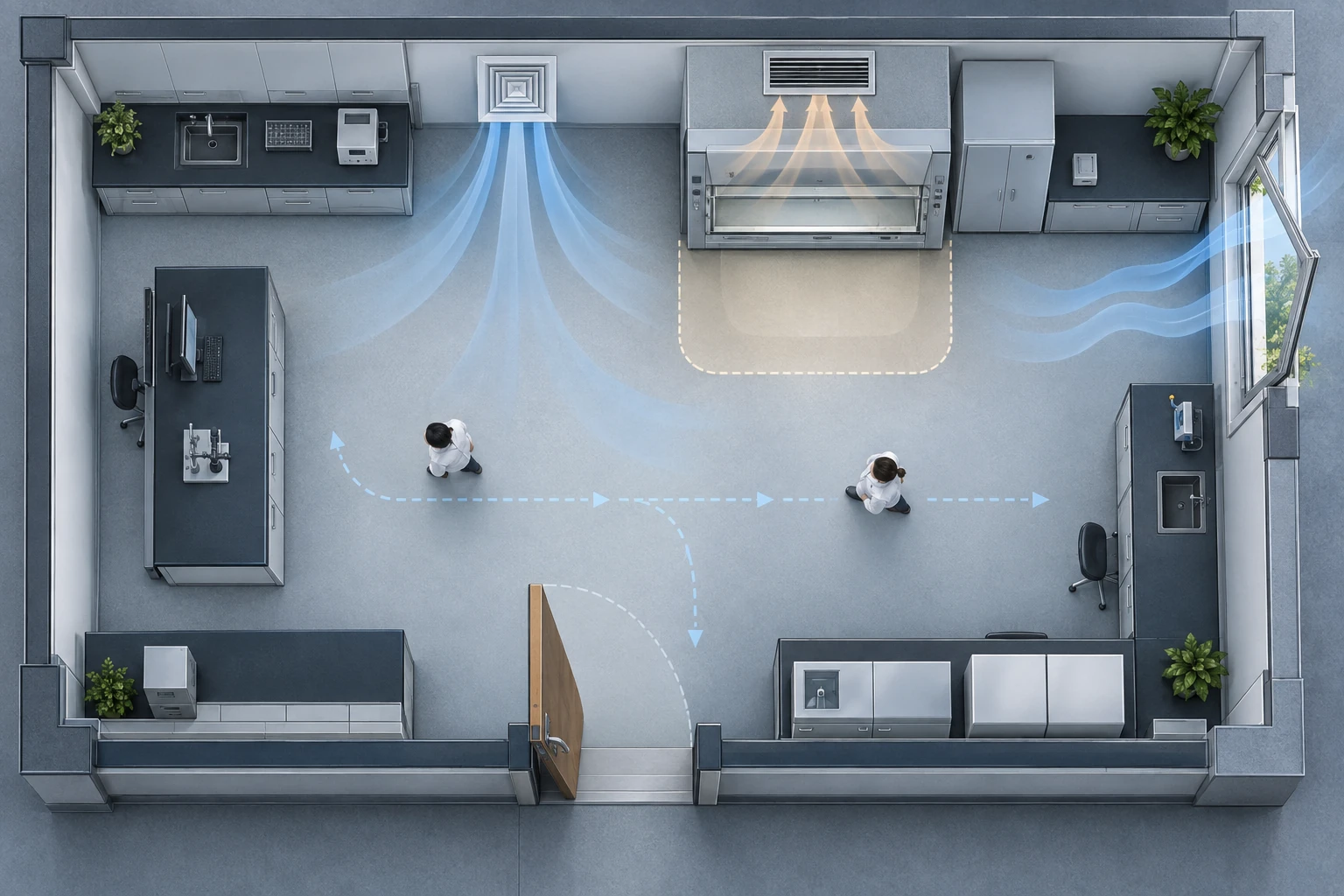 Single room plan checking fume hood placement requirements: the hood together with doors, aisles and pedestrian routes, supply and exhaust grilles, operable windows and adjacent equipment