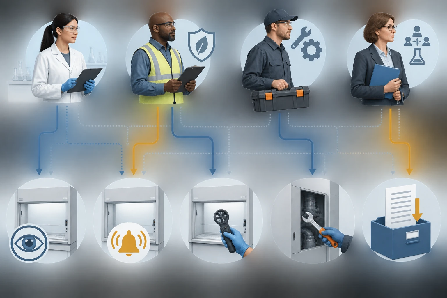 Diagram grouping four laboratory roles with the maintenance actions each may perform or only report