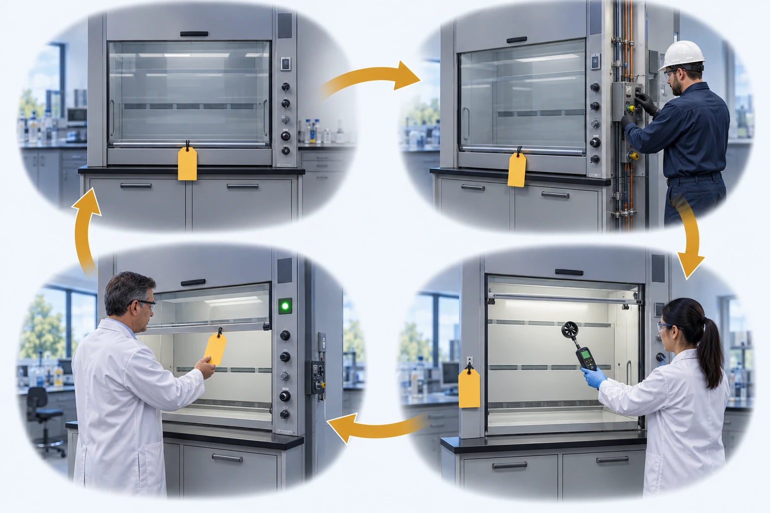 Four-step sequence showing a tagged out-of-service hood, repair outside the enclosure, retesting and clearance for use