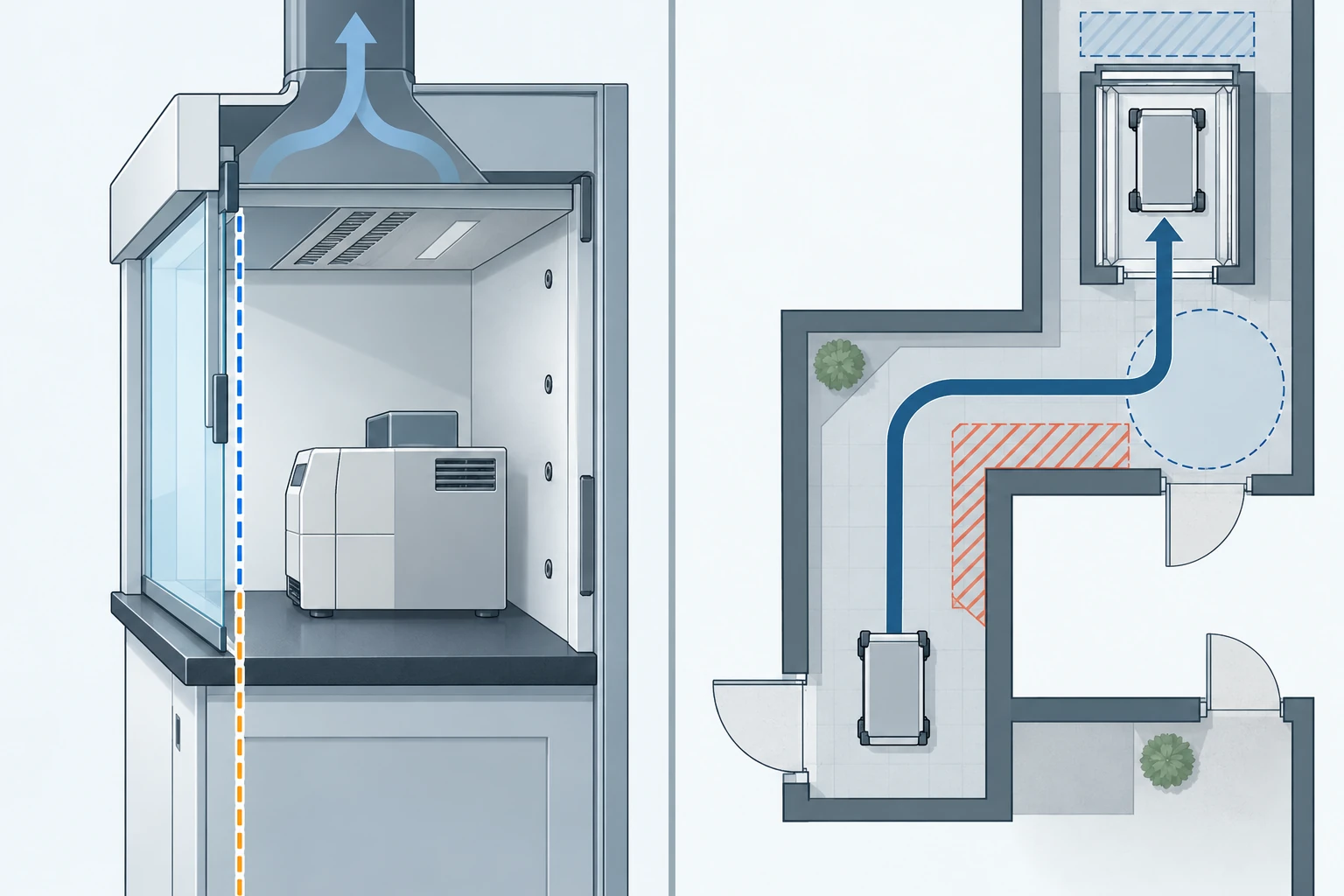 Fume hood size guide baselines: two clearance references inside the chamber and the delivery route through doors, corridors, lift and turning space