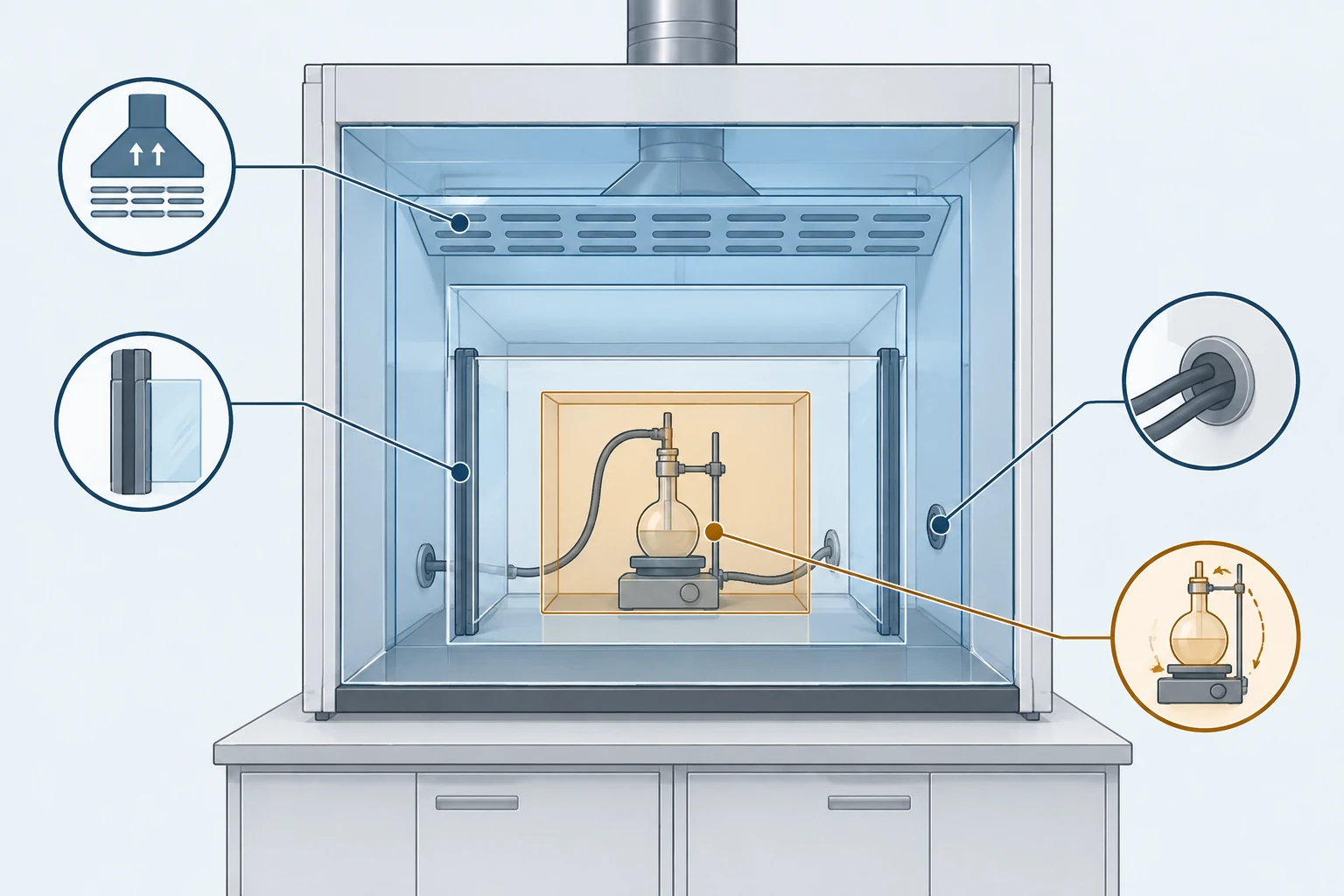 Fume hood size guide layers: cabinet, nominal chamber, clear opening and usable apparatus envelope drawn as four nested cutaways