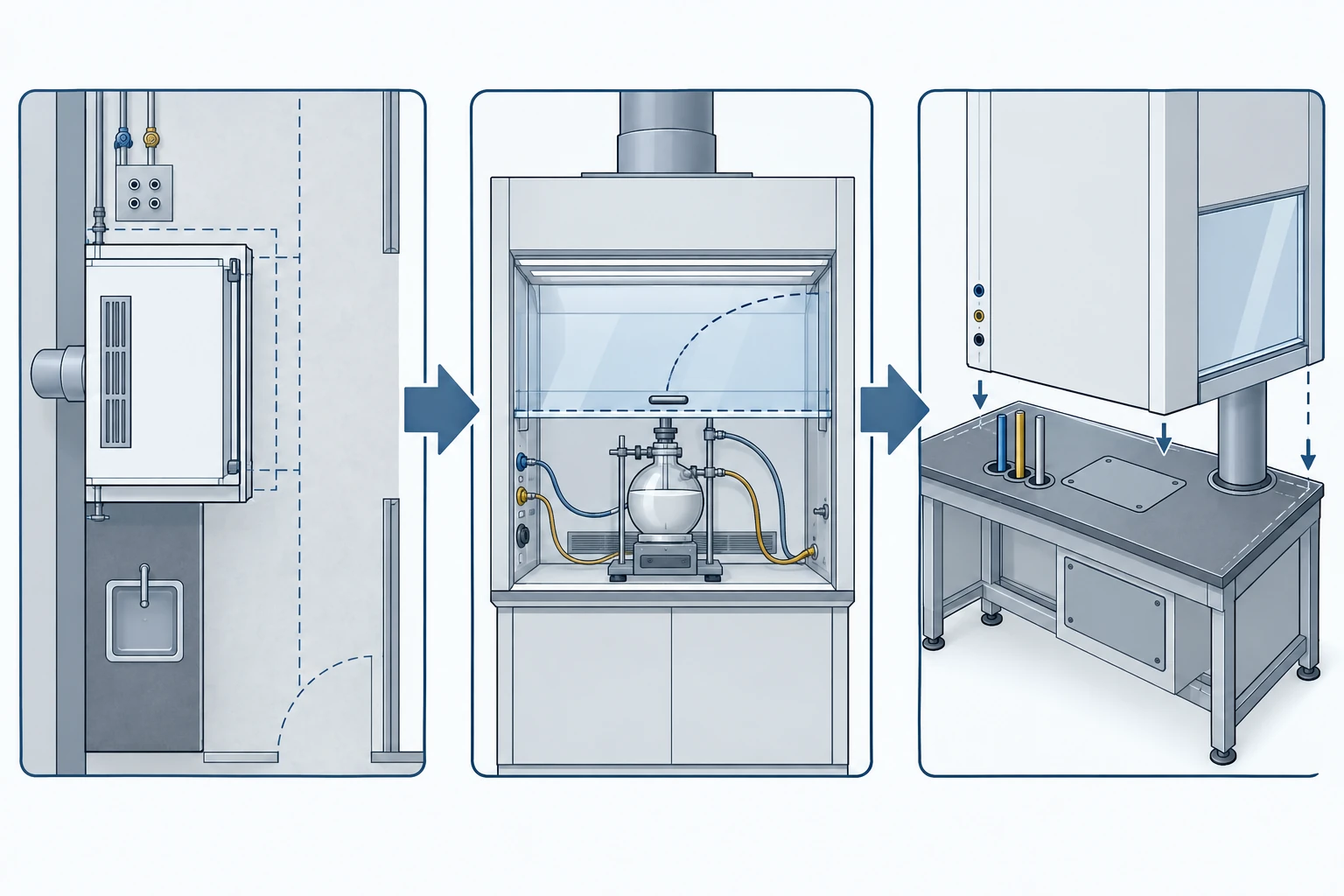 Fume hood size guide sequence: cabinet against bench and walls, chamber against apparatus envelope, worktop load and service penetrations