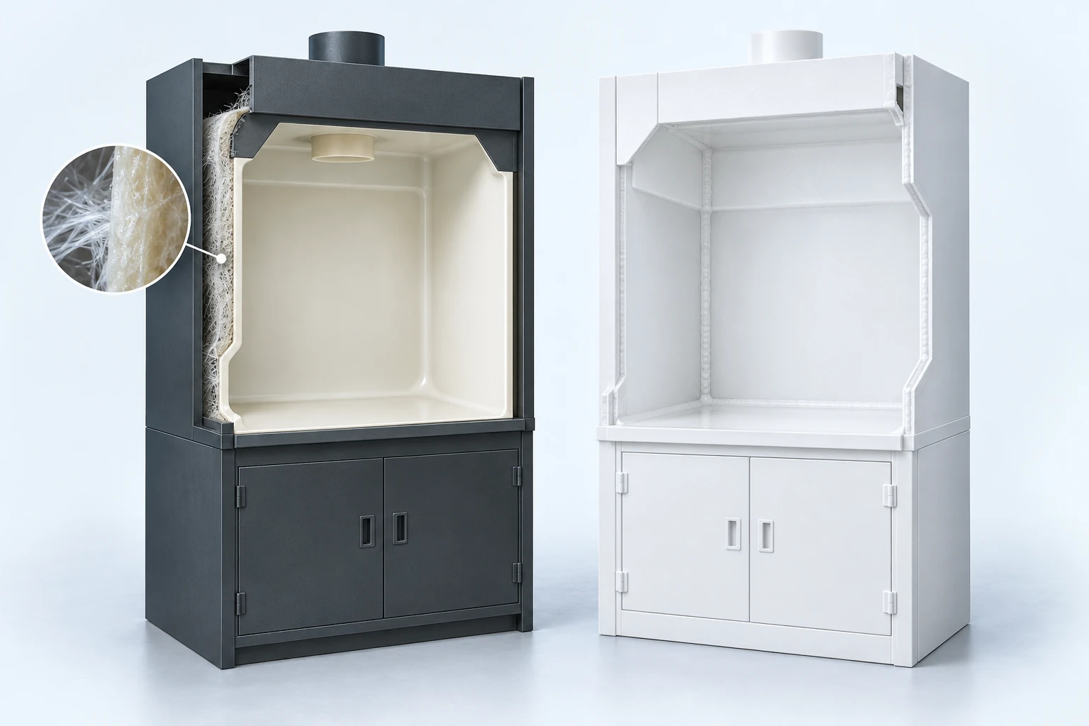 FRP and PP fume hood construction compared: a molded one-piece fiberglass-reinforced plastic liner inside a conventional hood body beside an all-polypropylene welded cabinet.