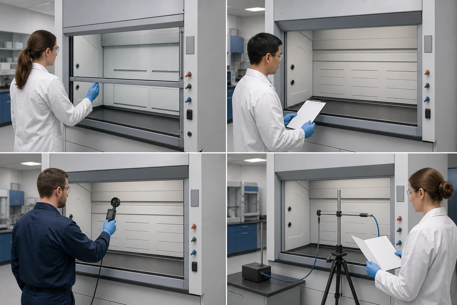 Evidence layers for a fume hood inspection checklist, from visual observation to technical testing
