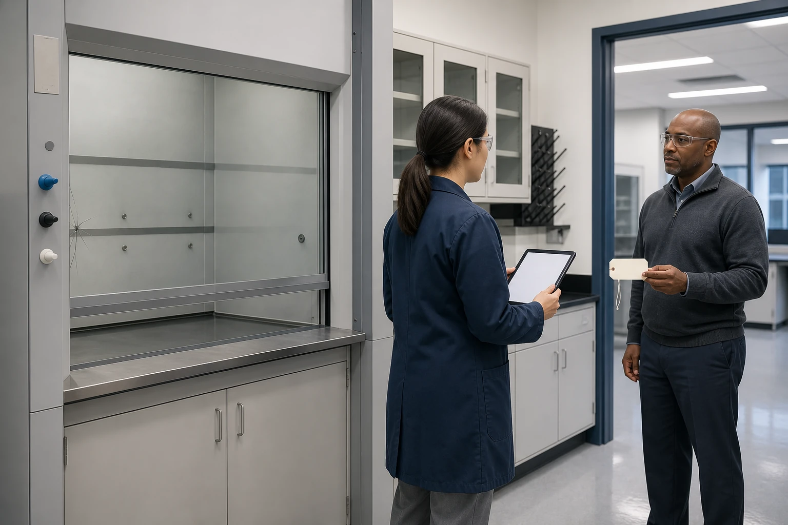 Stop-use decision scene for a fume hood inspection checklist