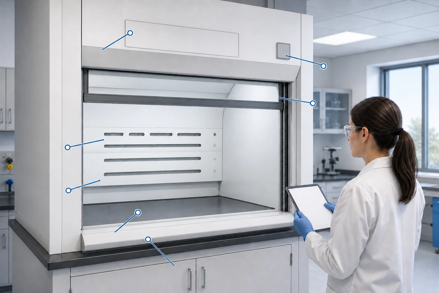 Daily pre-use fume hood inspection checklist scene showing sash, baffles and airflow path