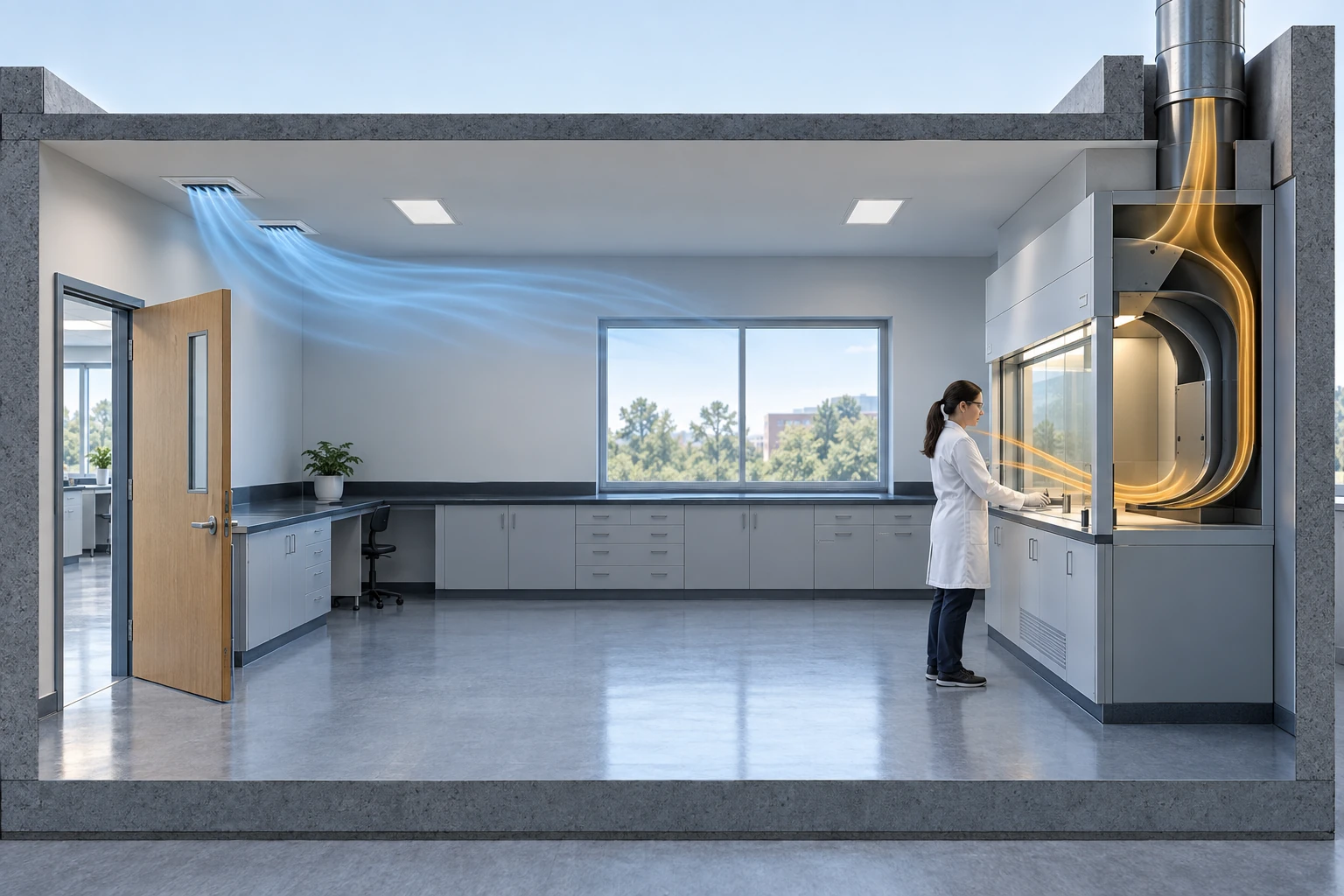 Cutaway laboratory room showing the four containment preconditions for low-flow fume hood operation: aerodynamic hood interior, placement away from the door, supply air fading before the hood face, and an operator standing back from the sash.