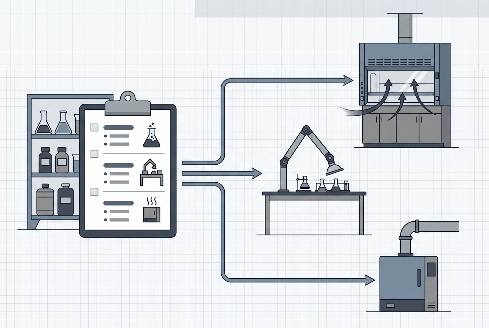 Chemical inventory branching into three local exhaust options: a fume hood, a source-capture fume arm at a workbench, and an equipment exhaust