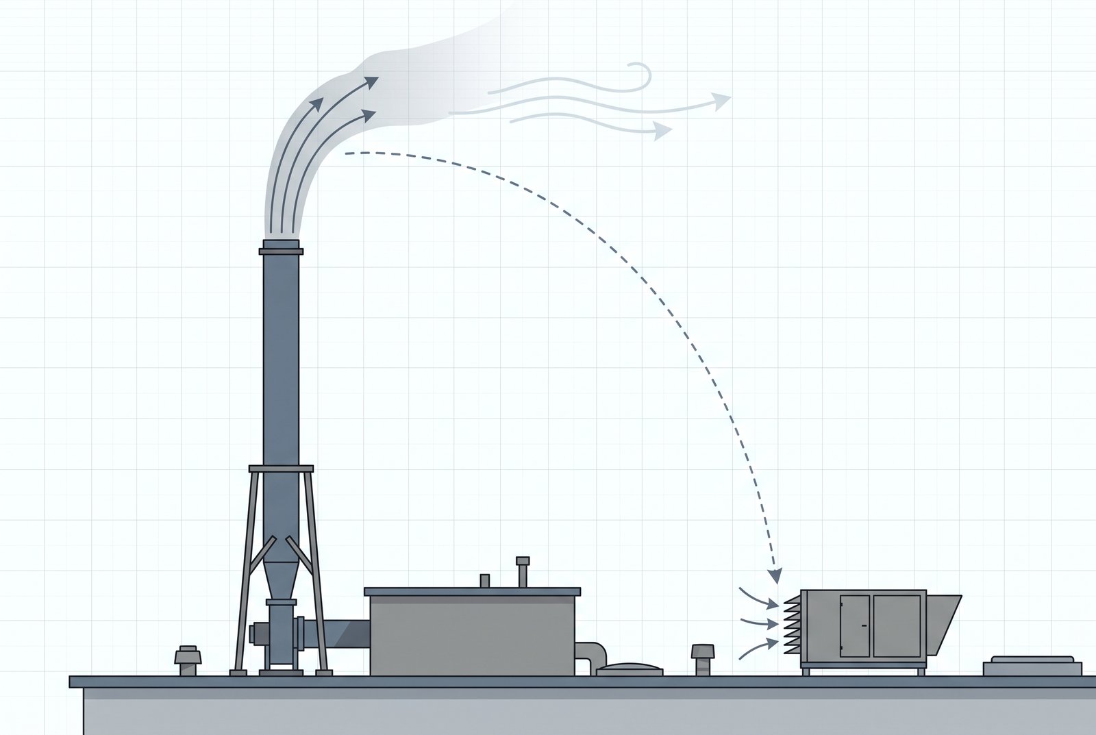 Laboratory room cross-section: supply diffusers placed away from the fume hood face, room exhaust removing air, negative room pressure relative to the corridor