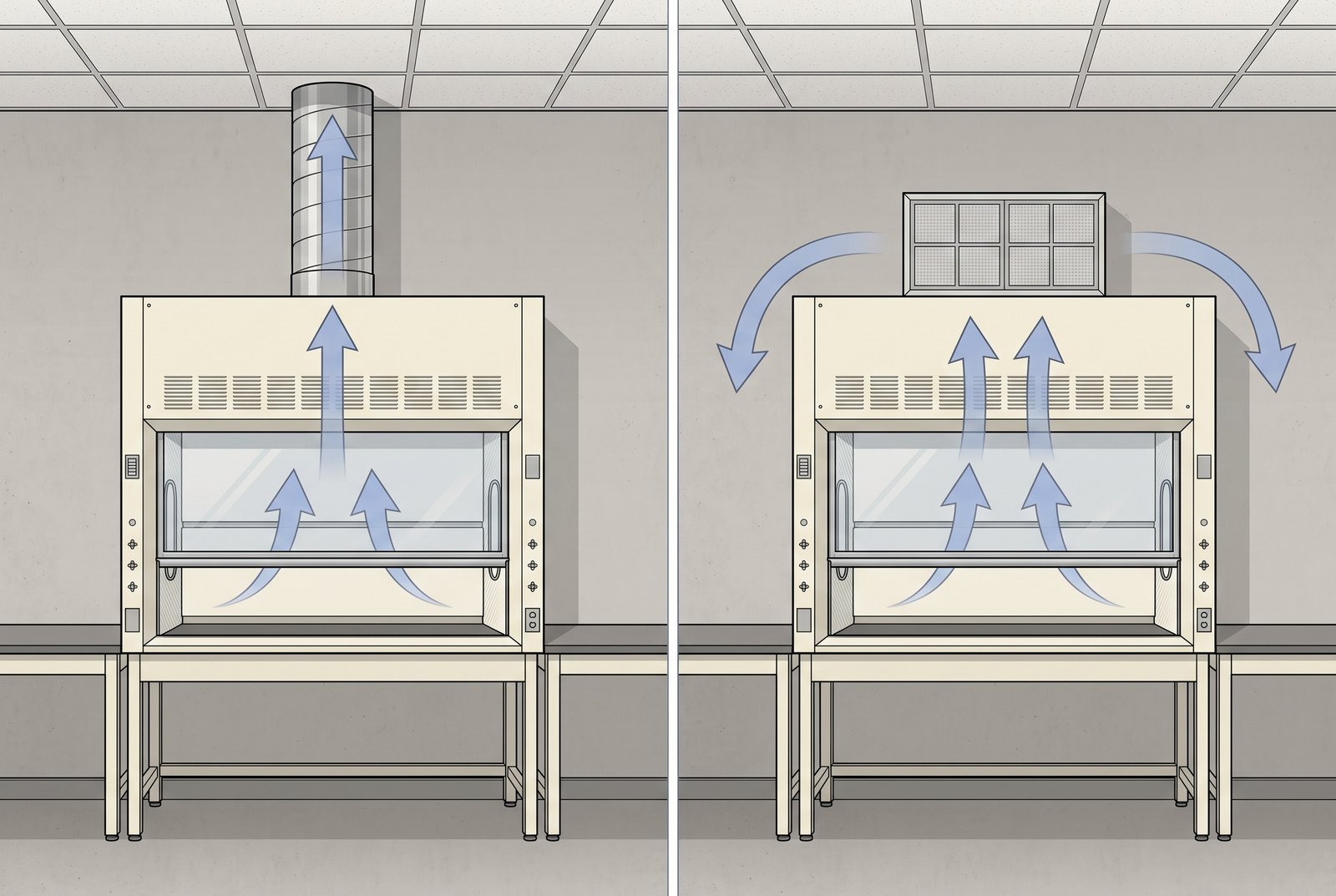 Two exhaust routes: a ducted fume hood whose duct rises toward the ceiling on a treated discharge path out of the building, and a ductless fume hood returning filtered air to the room