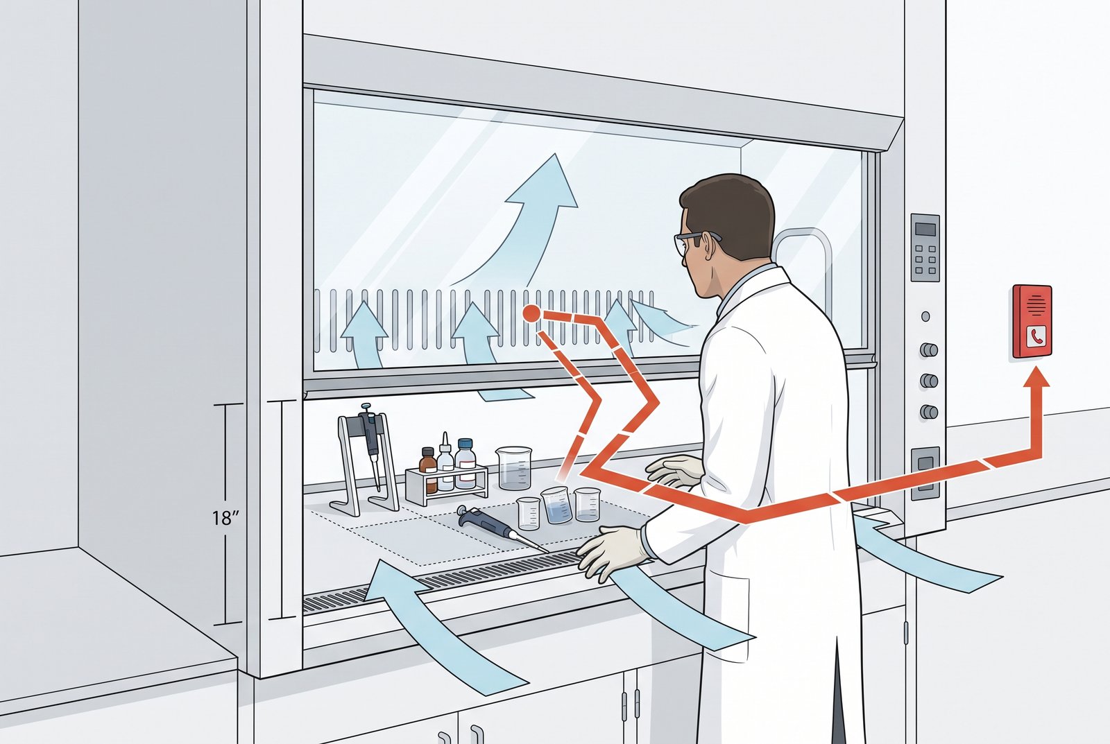 Operator stops work mid-session and hands the situation to the institution instead of adjusting the fume hood