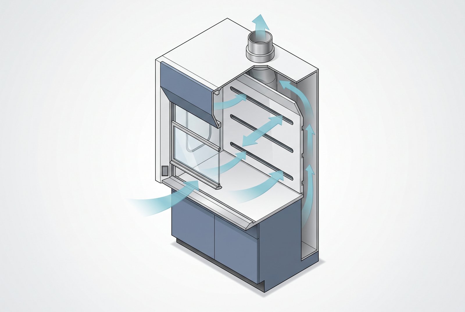 Cutaway side-view of a fume hood showing movable sash, work surface, rear baffle slots, and inward airflow arrows