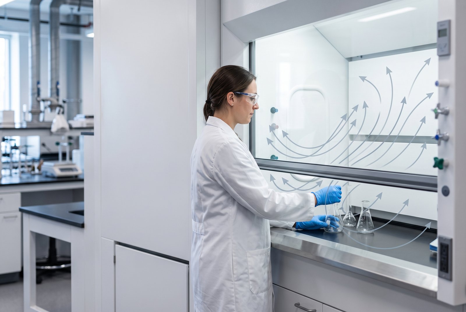 Technician at a fume hood performing a routine chemistry task with airflow arrows showing contaminated air drawn away from the user