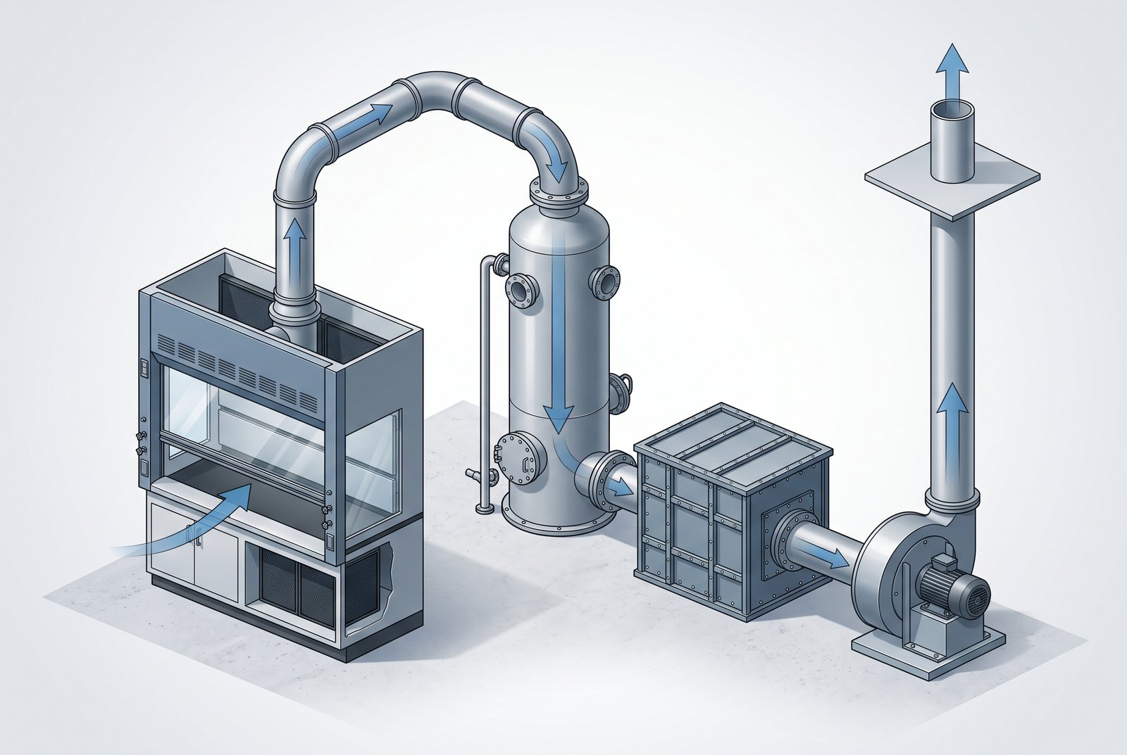 System diagram of ducted fume hood airflow in sequence: hood to duct to scrubber to activated carbon to fan to roof stack