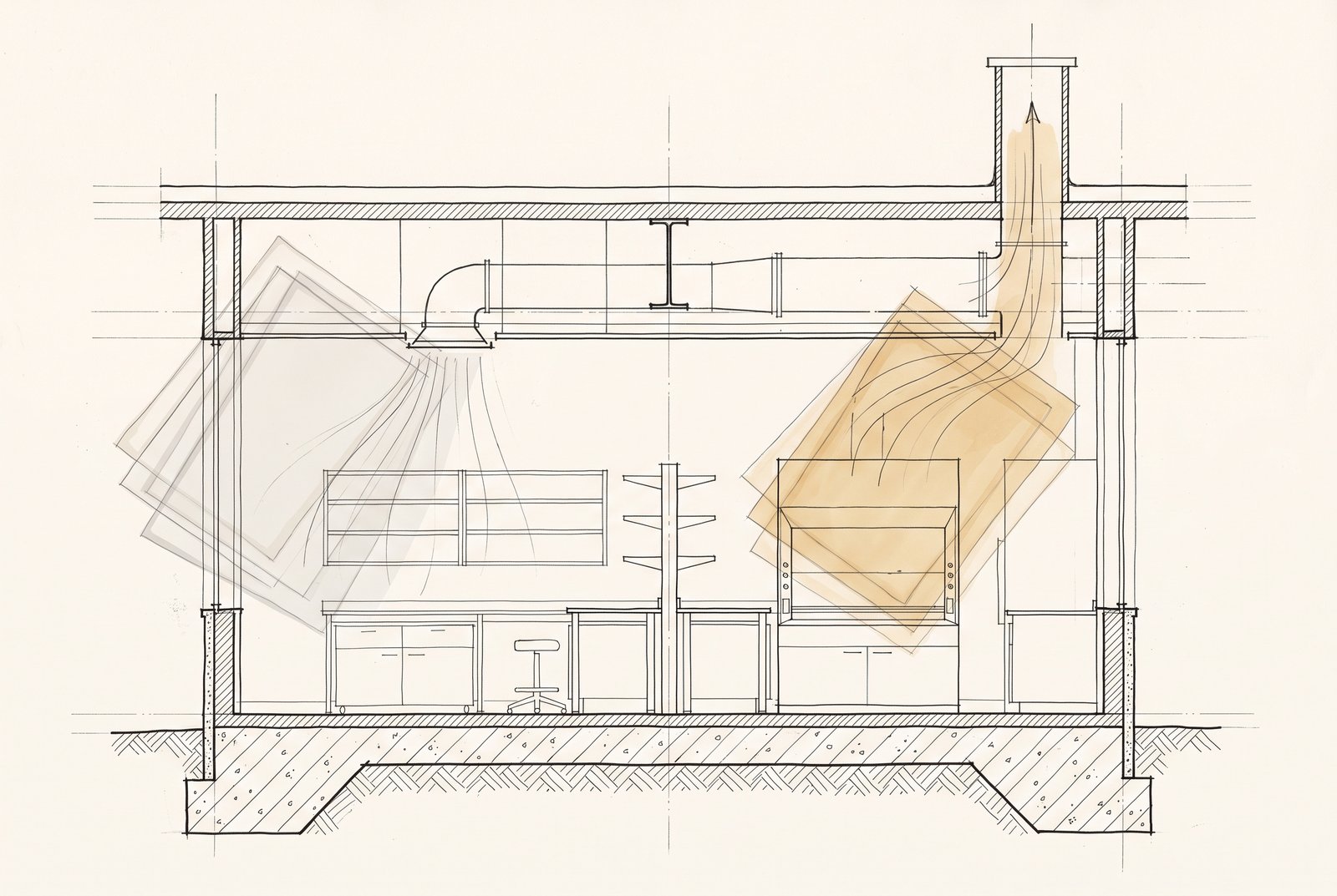 Architectural section through a laboratory room showing a volume equal to the room volume being replaced through the exhaust and supply, illustrating what an air change rate actually measures