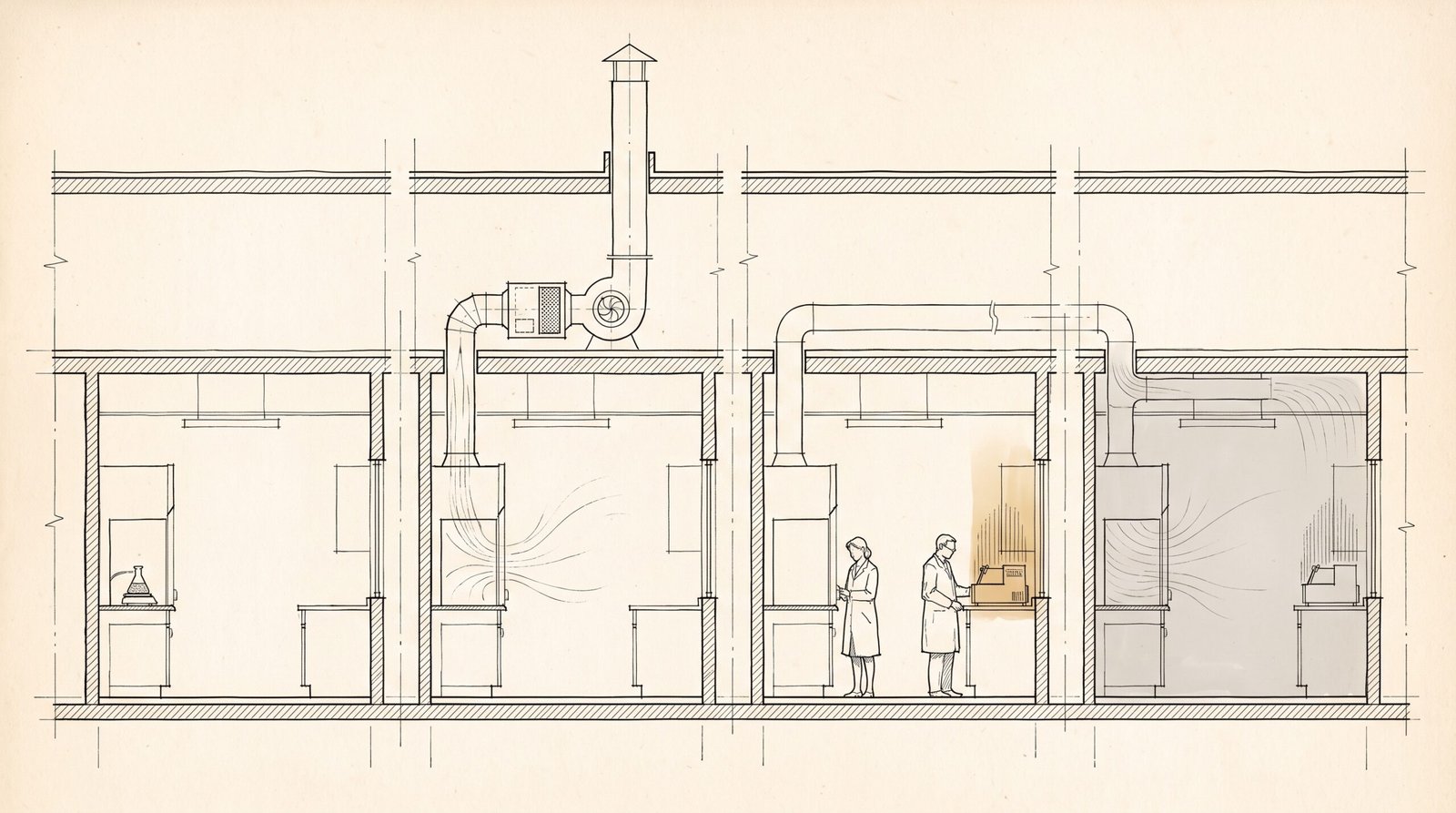 Four-stage decision sequence for laboratory air changes per hour: hazard and operation, then local exhaust, then occupancy and heat load, then the resulting room air volume
