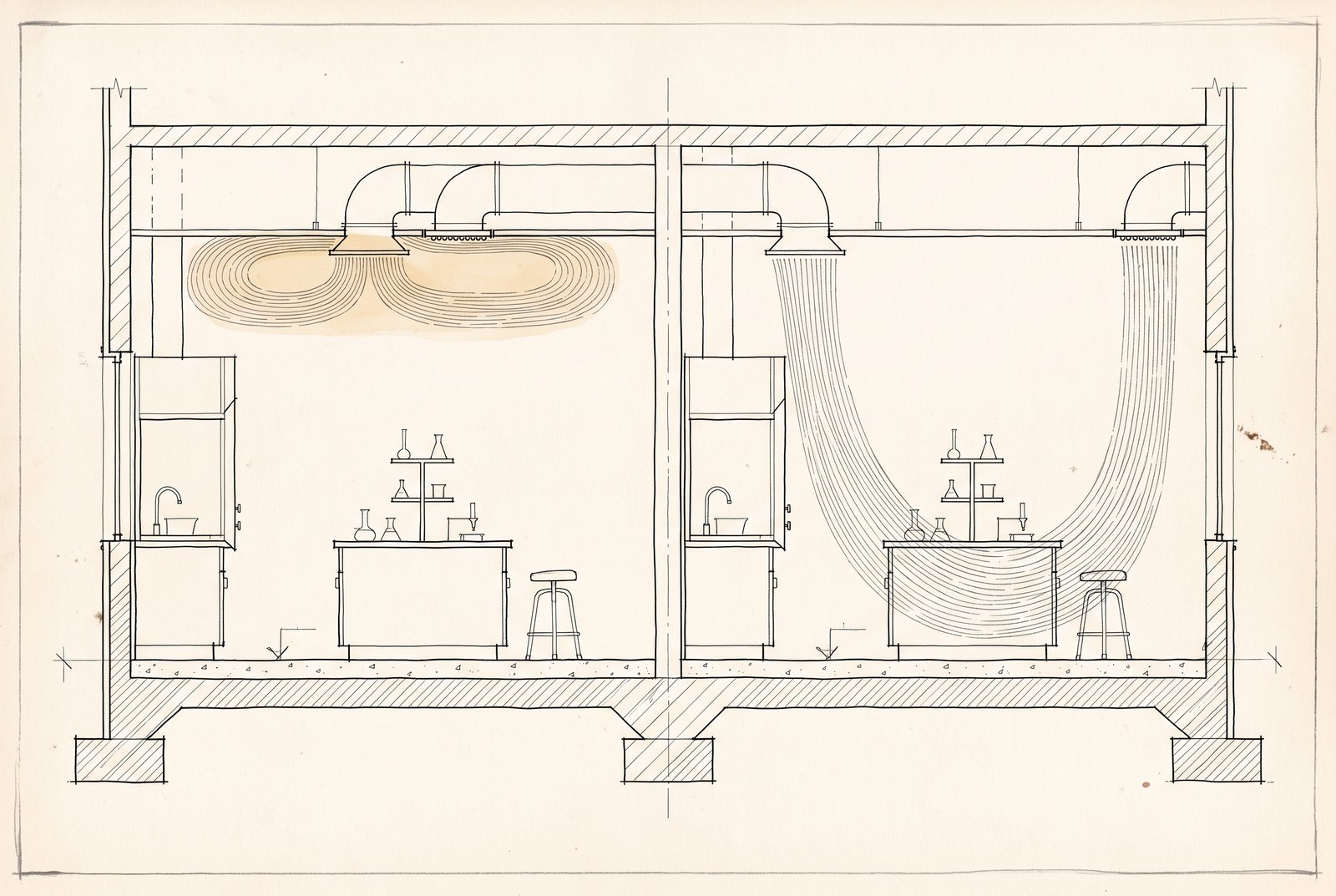 Two identical laboratory rooms moving the same airflow with different mixing behaviour, showing why the same air change rate can behave differently in each room