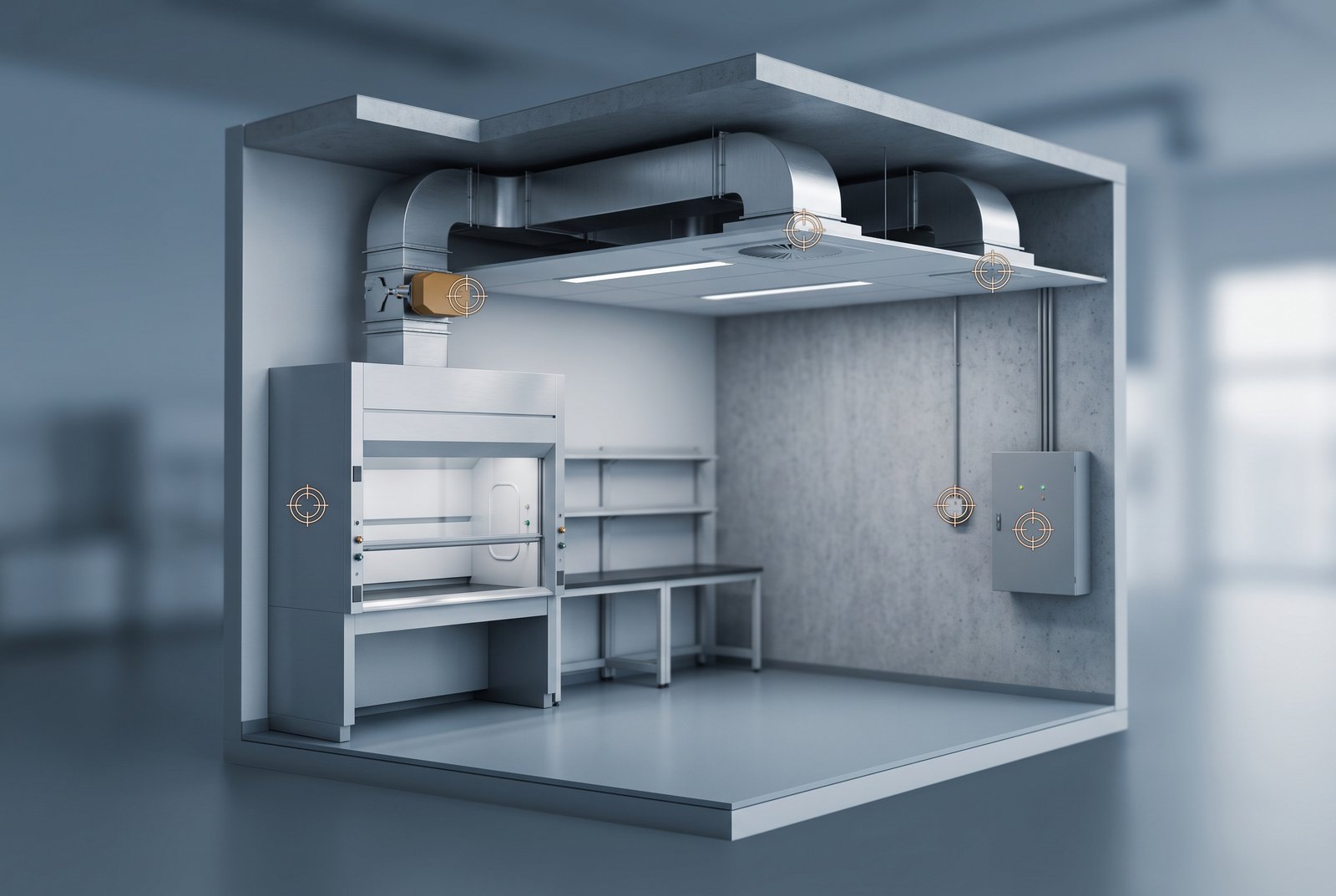 Laboratory room cutaway with unlabeled markers on hood, valve, supply and exhaust terminals, pressure sensor and control cabinet.