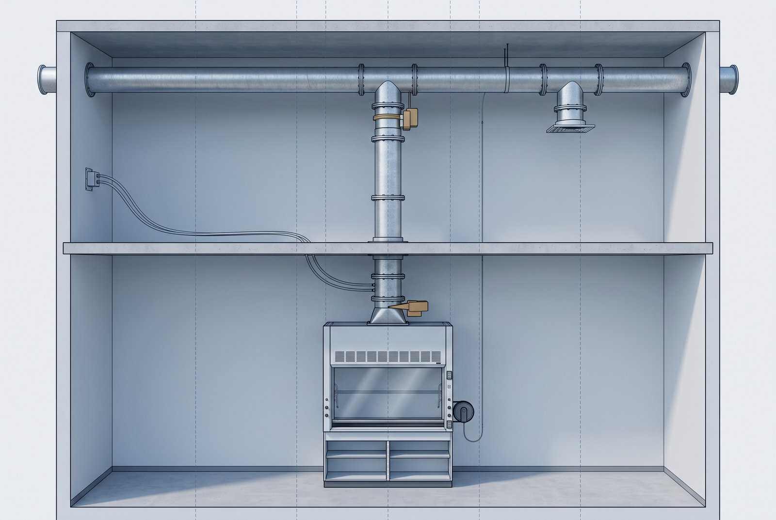 Cutaway of one laboratory split into two zones: an upper mechanical space with an exhaust header duct, a supply-air terminal and a wall-mounted differential-pressure sensor, and a lower cabinet zone with a fume hood whose exhaust collar connects by a continuous vertical duct through the slab into the header.